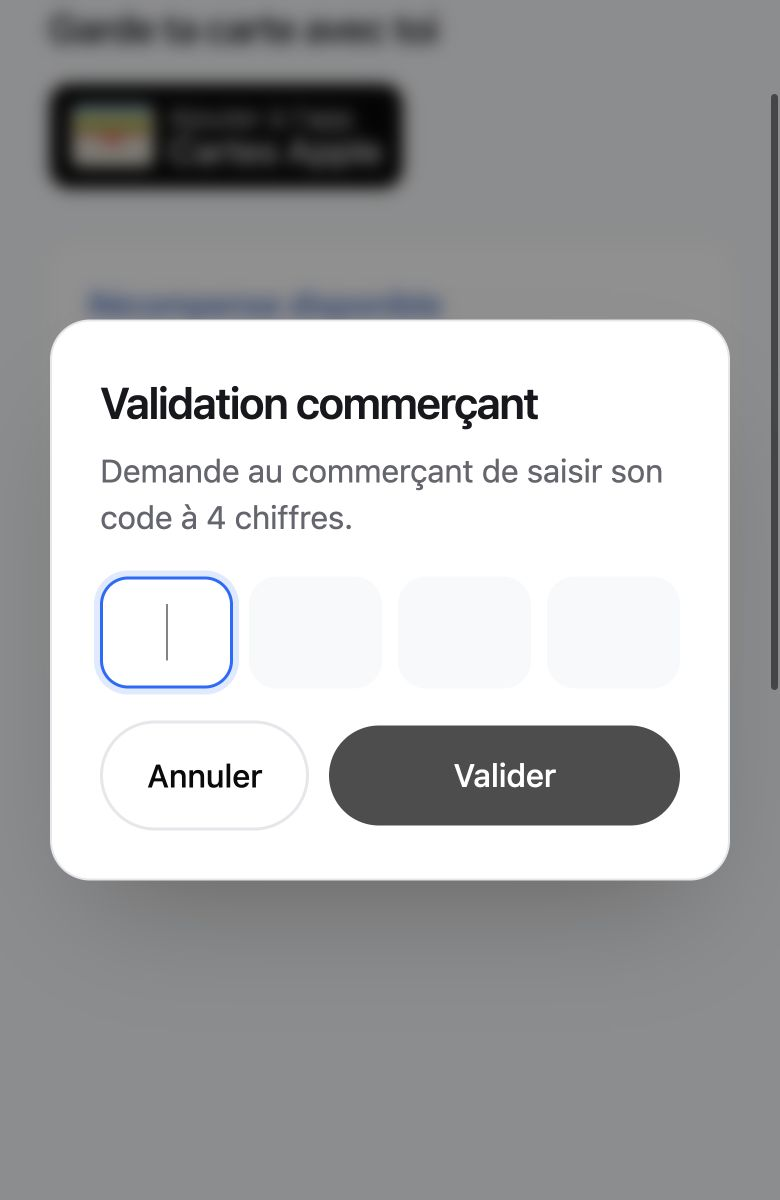 Saisie des quatre chiffres du code commerçant.