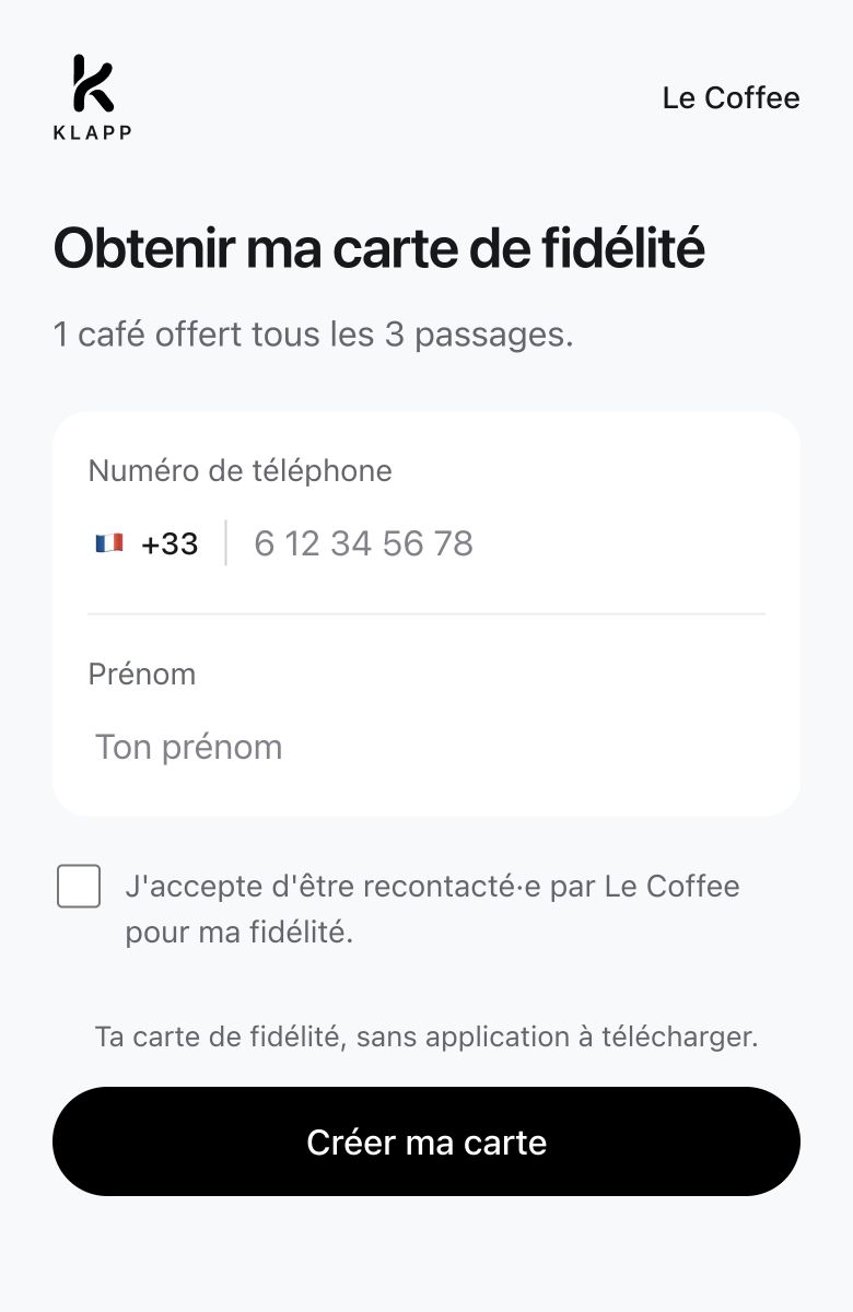Le formulaire de création de carte Klapp.