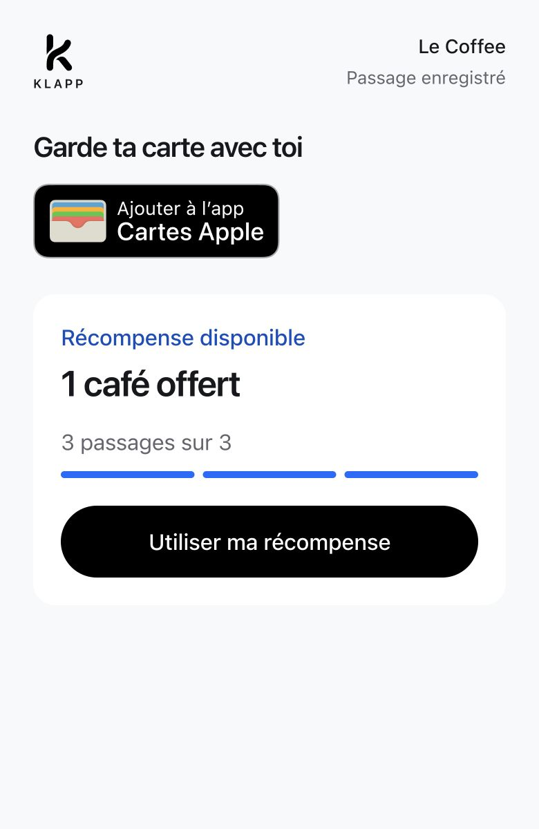 Un café offert, récompense disponible après trois passages.